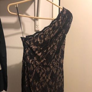 Formal off-shoulder lace nude dress